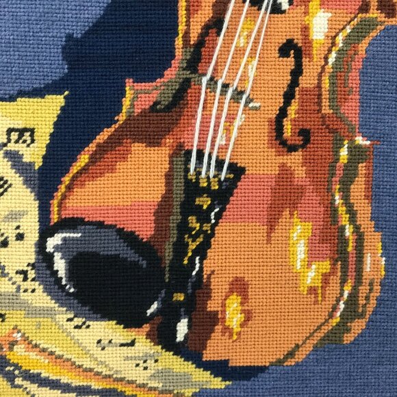 Vtg 1970s Completed Needlepoint Violin Instrument Sheet Music Wall Hanging Decor - Picture 5 of 16